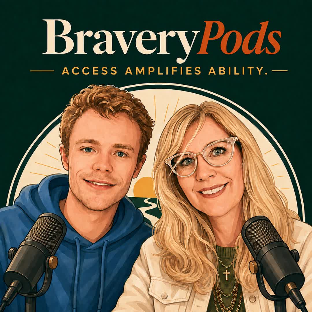 Illustrated BraveryPods cover featuring me and my mom at microphones